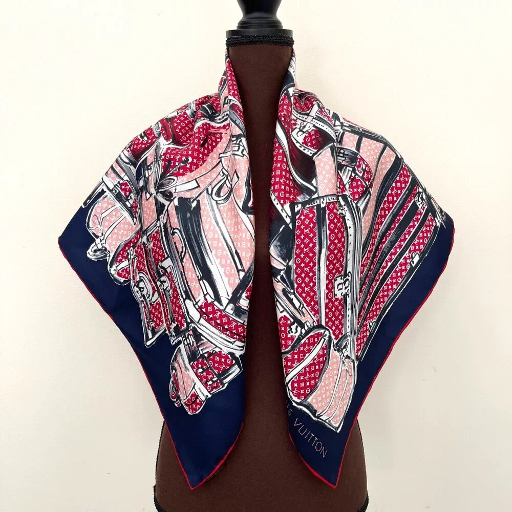 Louis Vuitton Scarf Trunks Luggage Monogram Blue Red Silk Wrap